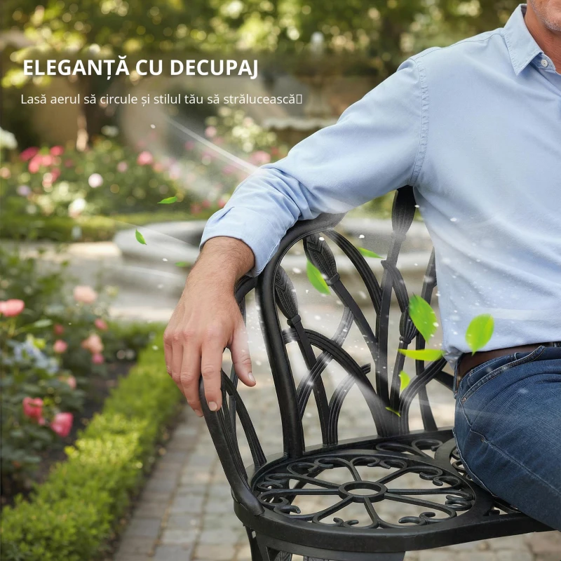 Outsunny Bancă de grădină 2 locuri aluminiu turnat rezistentă la intemperii bancă de exterior cu spătar în formă de lalea motiv floral 99 x 57 x 78 cm
