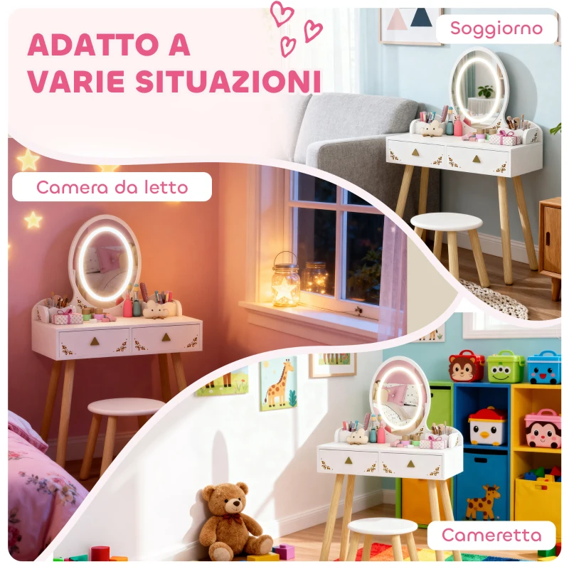 AIYAPLAY Set Toeletta per Bambini da 3 Anni con Specchio Illuminato e Sgabello, 2 Cassetti e 2 Scatole, Bianco