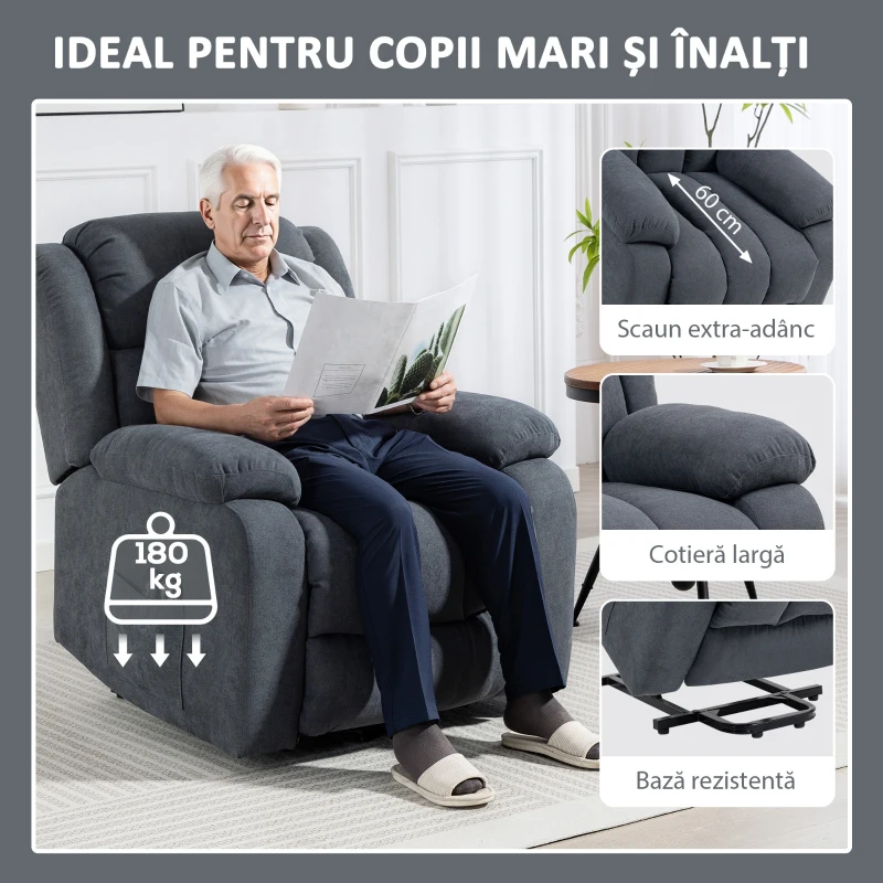 HOMCOM Fotoliu Electric cu Ridicare și Reclinare 135° în Material Textil Efect In cu Suport Picioare, Gri Închis