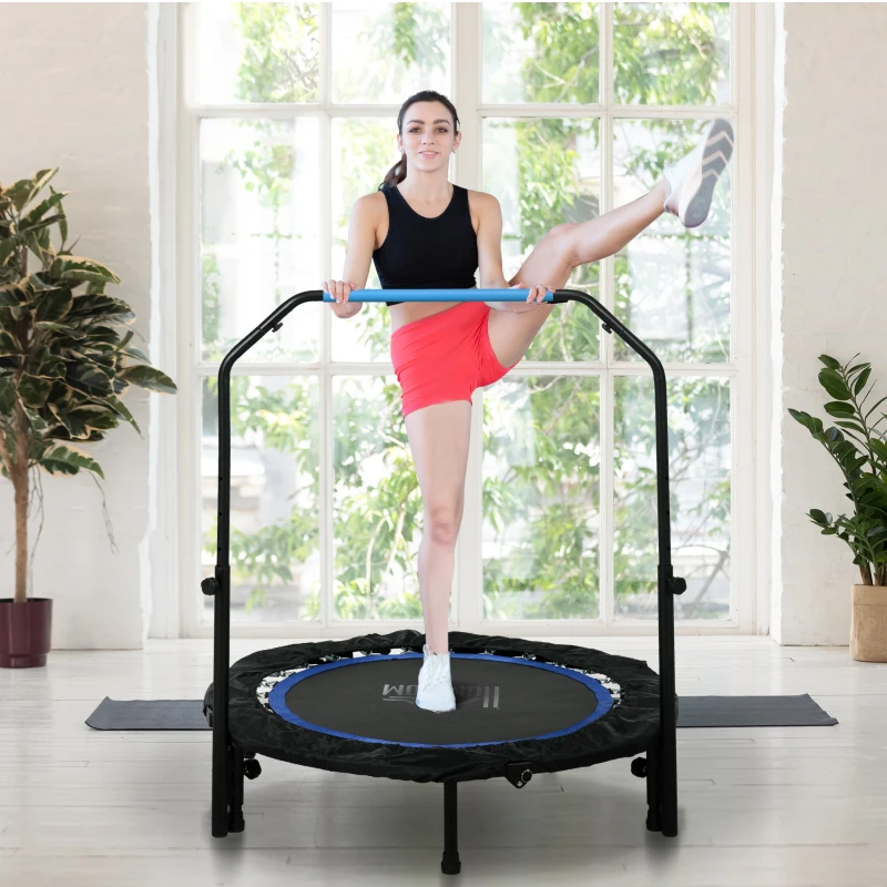 HOMCOM Mini Trambulină Fitness Ø102 cm Pliabilă cu Mâner Reglabil pe Înălțime, Albastră