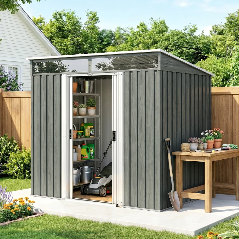 Outsunny Caseta de Jardín 195x122x181,5 cm con Puerta Corredera 2 Ventanas y Anti-UV para Almacenar Herramientas Gris Claro