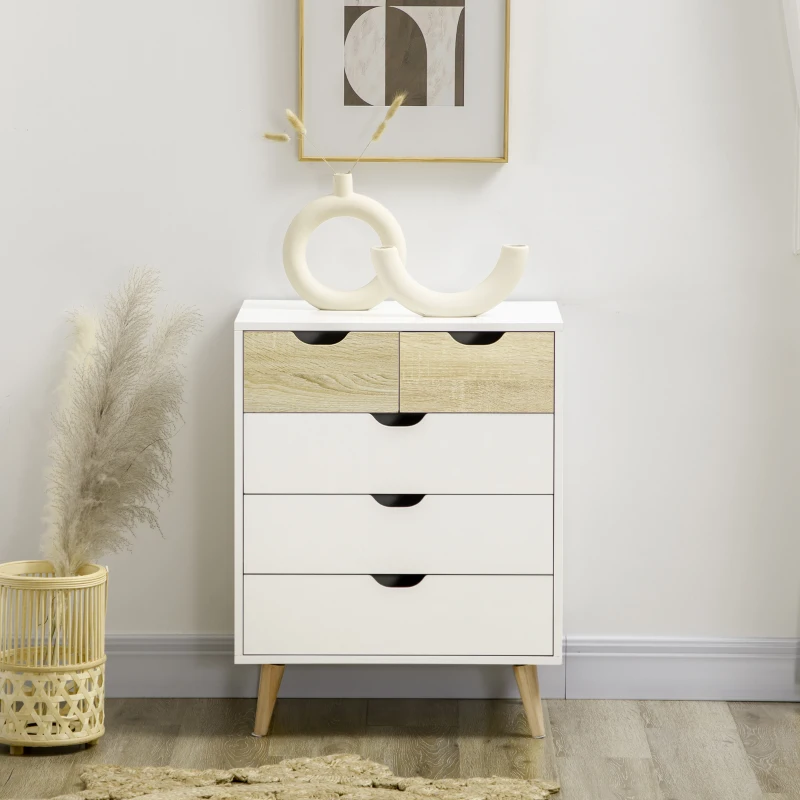 HOMCOM Kommode, Schrank, 5 Schubladen, Kippschutz, modernes Design, Kiefernholz, weiß+hellbraun, 60 x 40 x 77,5cm