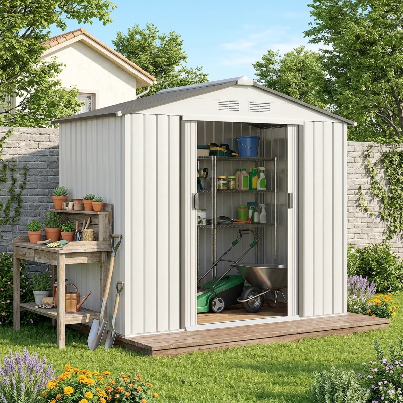 Outsunny Casetta Porta Utensili in Acciaio, Capanno da Giardino con Porte Scorrevoli, 213x130x185 cm, Bianco