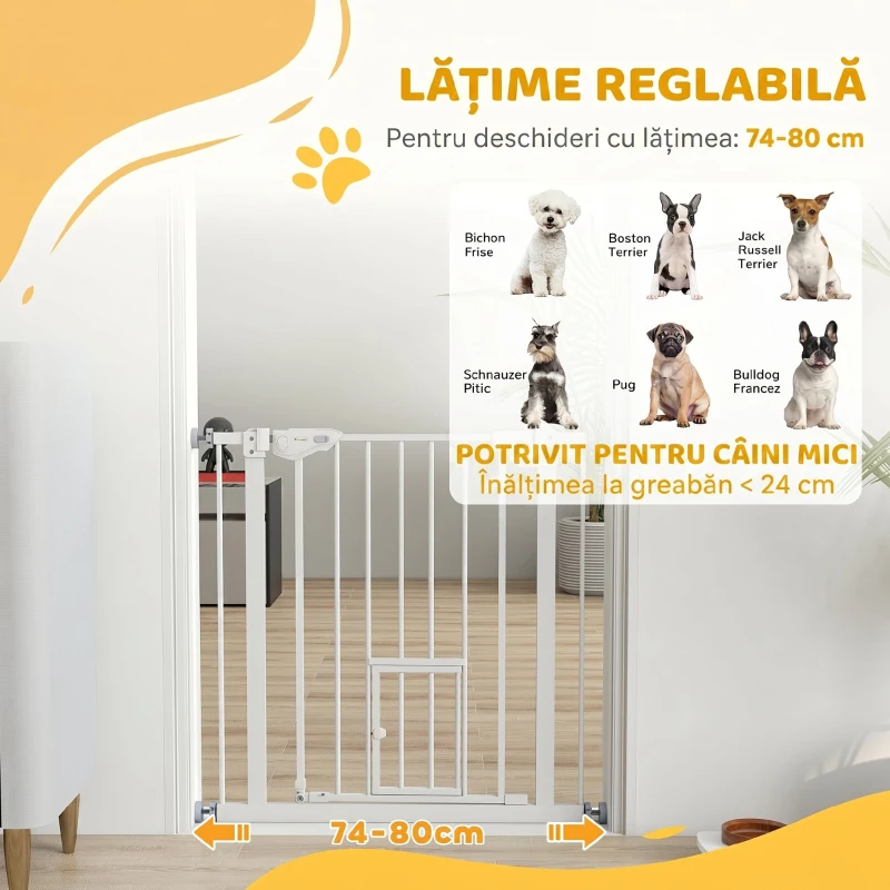 PawHut Poartă pentru Câini cu Ușiță Mică, Montare prin Presiune și Închidere Automată, 74-80x76.2cm, Alb
