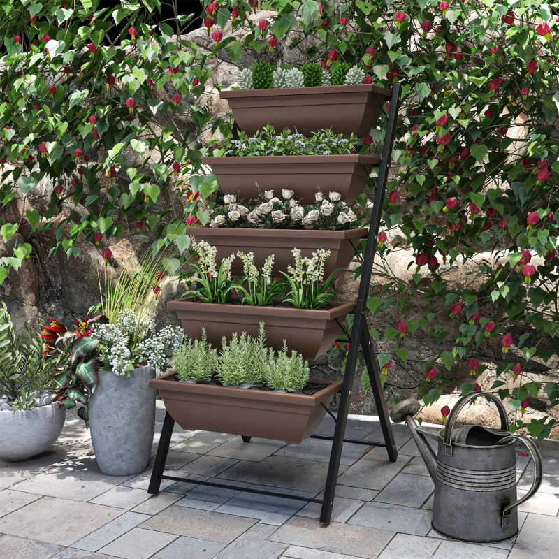 Outsunny Jardinière surélevée avec étages jardinière verticale avec 5 bacs à fleurs trous de drainage cadre en acier marron