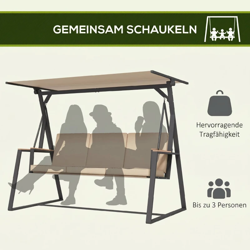 Outsunny Tuin schommelbank Hollywoodschommel 3-zits, met zonnedak, weerbestendig, Beige + Zwart