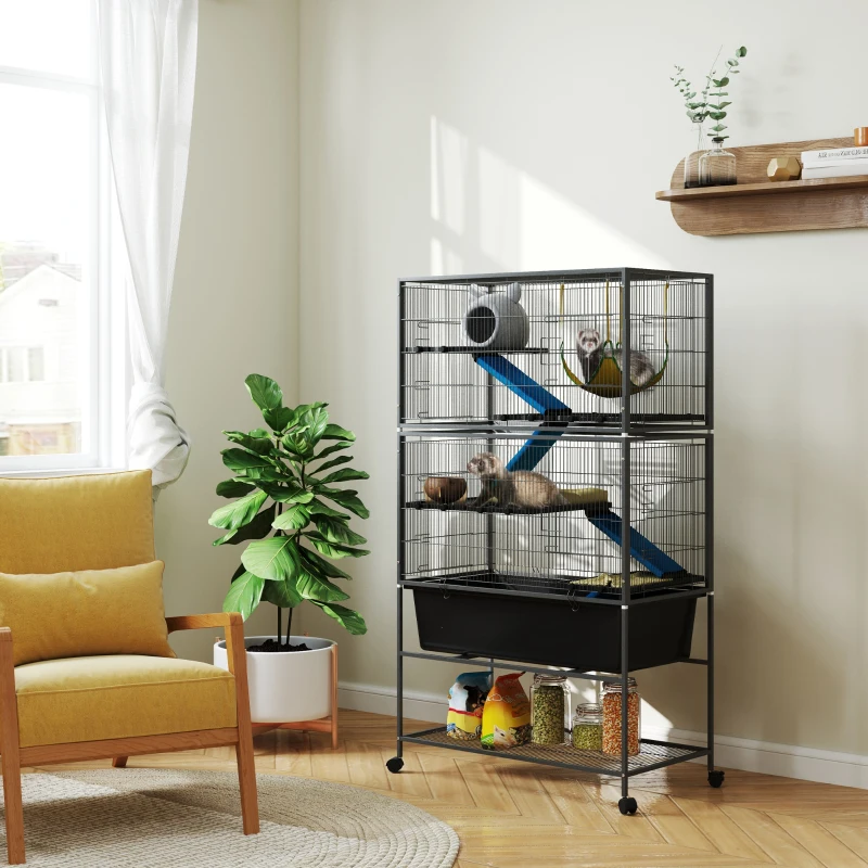 PawHut Gaiola para pequenos animais, gaiola para animais de estimação com 5 níveis, rampas antiderrapantes, rede, 88 x 48 x 150,5 cm, Cinza escuro