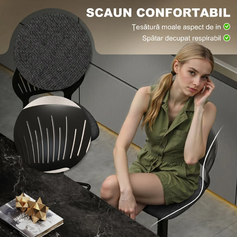 HOMCOM Set 2 Scaune de Bar Reglabile, Scaune de Bucătărie Înalte din Material Textil cu Efect de In cu Spătar, Suport pentru Picioare și Șezut Moale, Cadru Metalic, Scaune Rotative la 360°, Negru