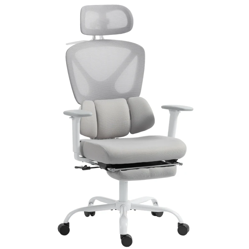 HOMCOM Chaise bureau ergonomique, fauteuil de bureau avec soutien lombaire dynamique adaptatif, 73x75x120-128cm, gris