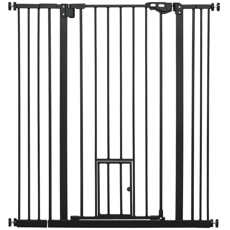 PawHut Extra Tall Pet Gate, Indoor Dog Safety Gate, with Cat Flap, Auto Close, 74-101cm Wide - Black
