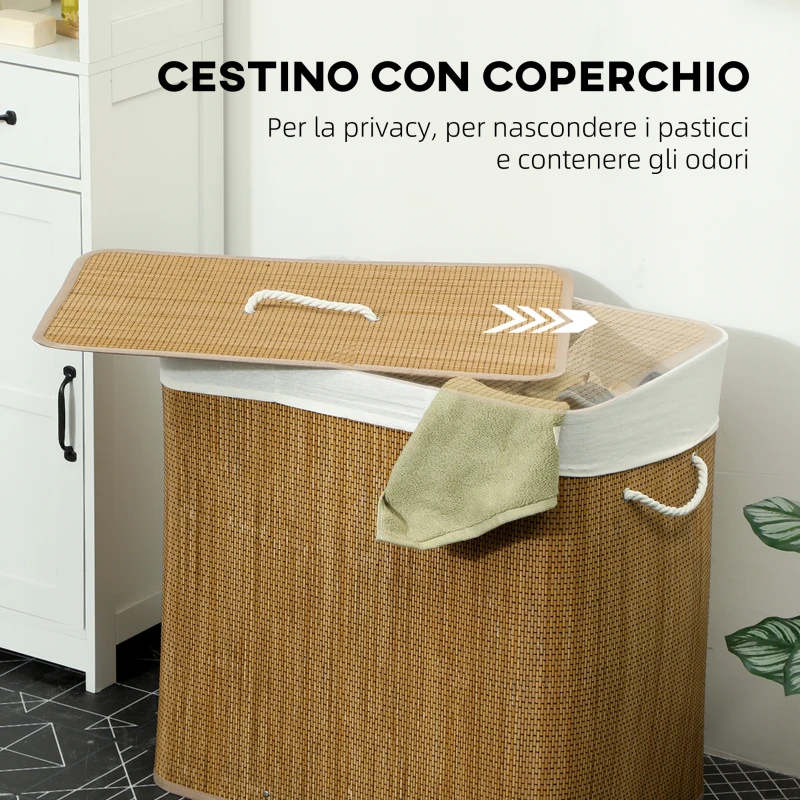 HOMCOM Cesto Portabiancheria in Bambù con Coperchio, 144L, 3 Scomparti, Sacca Removibile e Lavabile, Maniglie, Marrone