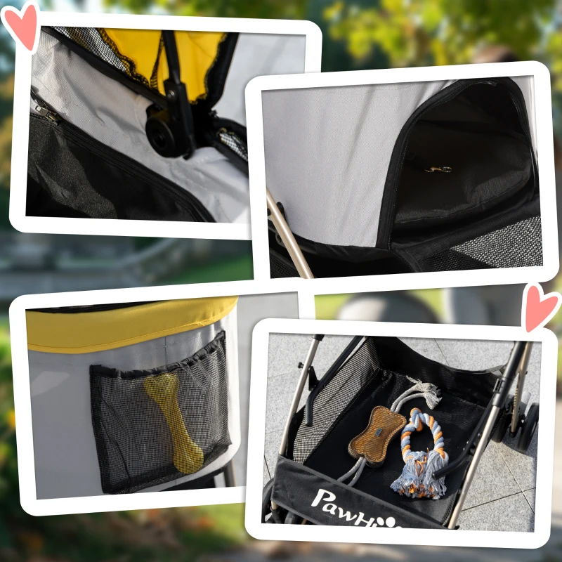 PawHut 2-em-1 Carrinho para Cães Trolley, dobrável, 1 cesto, 1 bolsa, 82 cm x 49,5 cm x 98 cm, Amarelo