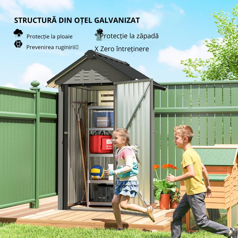 Outsunny Depozit metalic pentru unelte 1,17 m², magazie cu acoperiș în două ape, ventilație, lacăt și mănuși, 122 x 121 x 192 cm