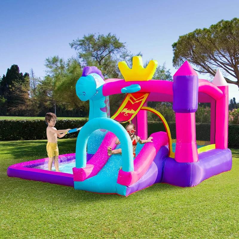Outsunny Aufblasbares Schloss mit Rutsche, Trampolin, Spielbereich, Pool und Korb für bis zu 3 Kinder ab 3 Jahren, Gebläse und Tragetasche, Gebläse 350W inkl., Maße 300L x 270l x 200H cm, Mehrfarbig