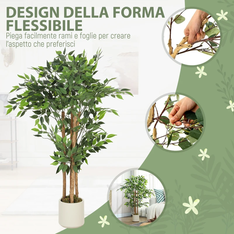 HOMCOM Pianta Artificiale di Baniano Verde in PEVA e Legno con Vaso Contenitore in PP e Cemento, 55x55x120 cm