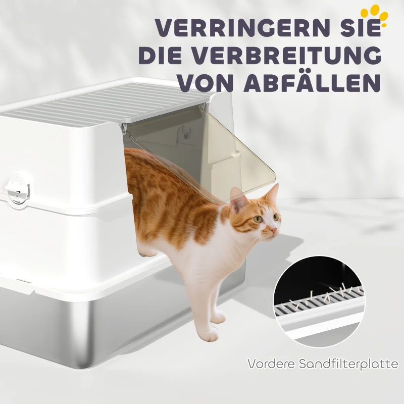 PawHut Caixa de areia para gatos, aço inoxidável, interior XL, com pá, Cinza claro