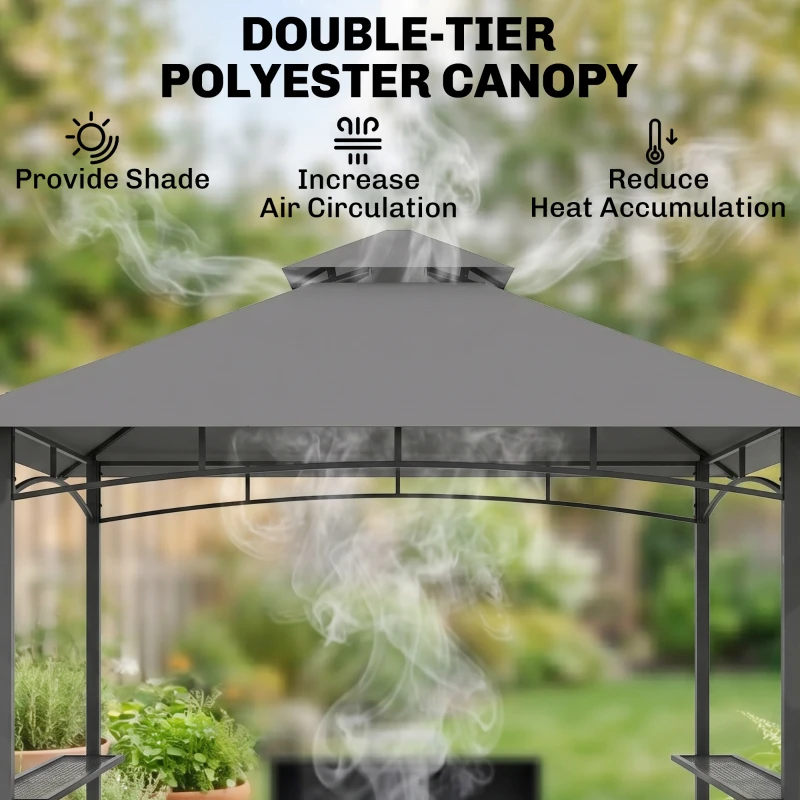 Outsunny Grillpavillon Gartenzelt Grill Pavillon Balkonpavillon mit Ablagen Flammhemmendes Doppeldach Grau 245 x 148 x 252 cm