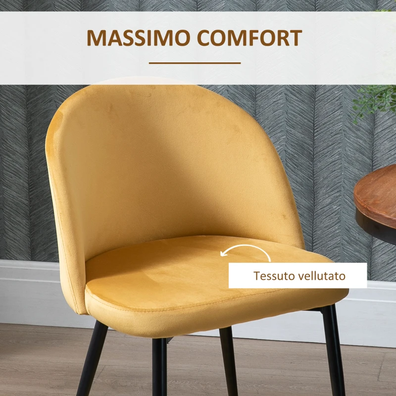 HOMCOM Set di 2 Sedie per Sala da Pranzo e Cucina Imbottite in Velluto, 49x50x77cm, Giallo