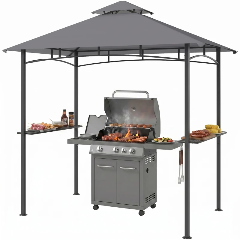 Outsunny Grillpavillon Gartenzelt Grill Pavillon Balkonpavillon mit Ablagen Flammhemmendes Doppeldach Grau 245 x 148 x 252 cm