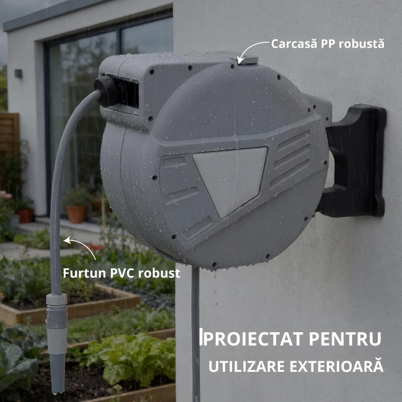 Outsunny Tambur furtun de perete 40+2 m x Ø 15mm, tambur pentru furtun de apă retractabil automat pivotant la 180°, Gri