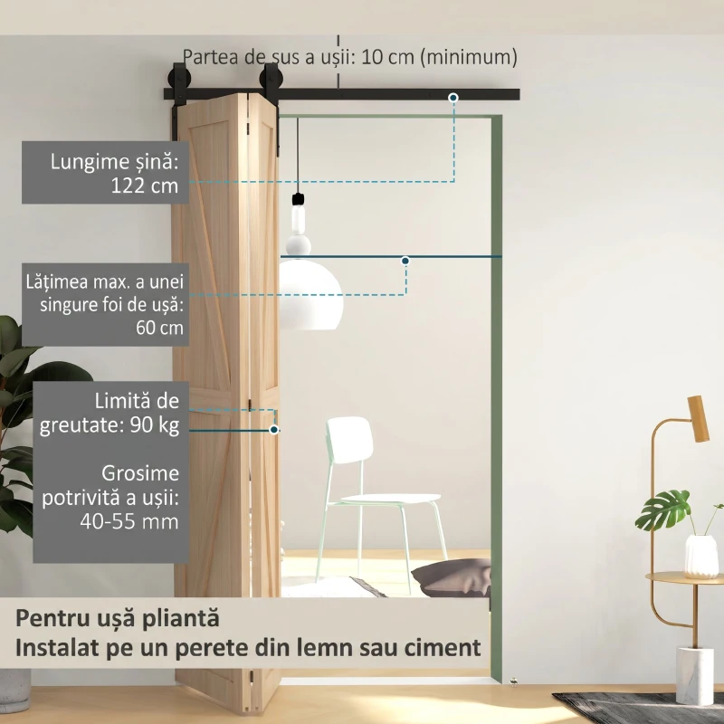 HOMCOM Kit pentru Ușă Glisantă Rabatabilă din Oțel Carbon Negru 122x0.5x4 cm