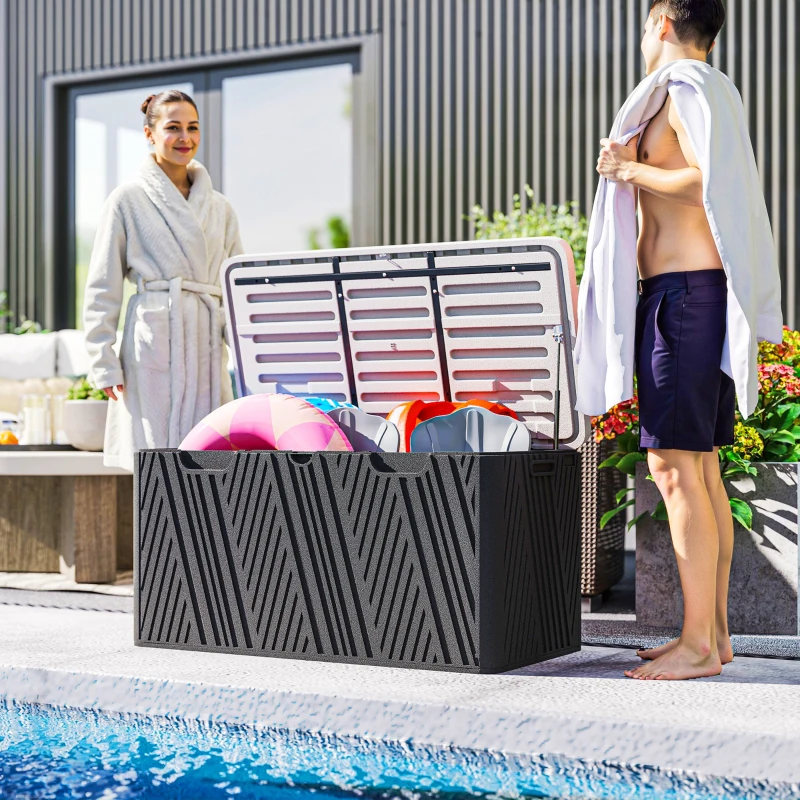 Outsunny Aufbewahrungsbank 380 L aus HDPE mit 2 seitlichen Griffen und Gasfeder, 115x60x60 cm, Schwarz und Grau
