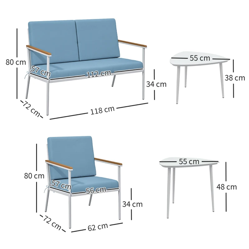 Outsunny Gartenlounge für 4 Personen, 5‑teiliges Balkon‑Set mit Sofa, 2 Sesseln und 2 Couchtischen, Hellblau