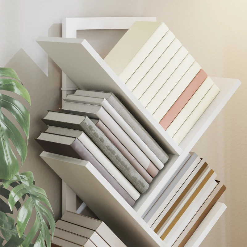 HOMCOM 9-Tier Tree Bookshelf, Industrial Free Standing Bookcase with Steel Frame, Display Storage White
