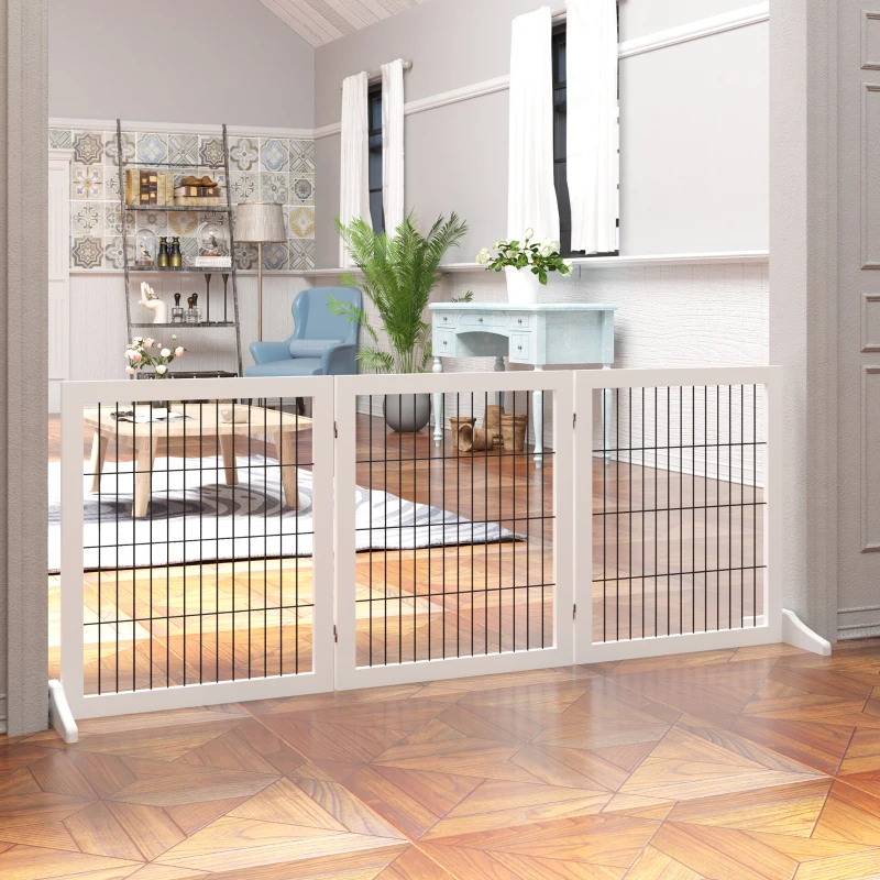 PawHut Portão para Cães Portão de Proteção Autoportante com Pés 185 x 71 cm Madeira Grade para Cães Proteção para Escadas Portão para Escadas, Portas, Cozinha, Corredor, 3 Painéis, Branco