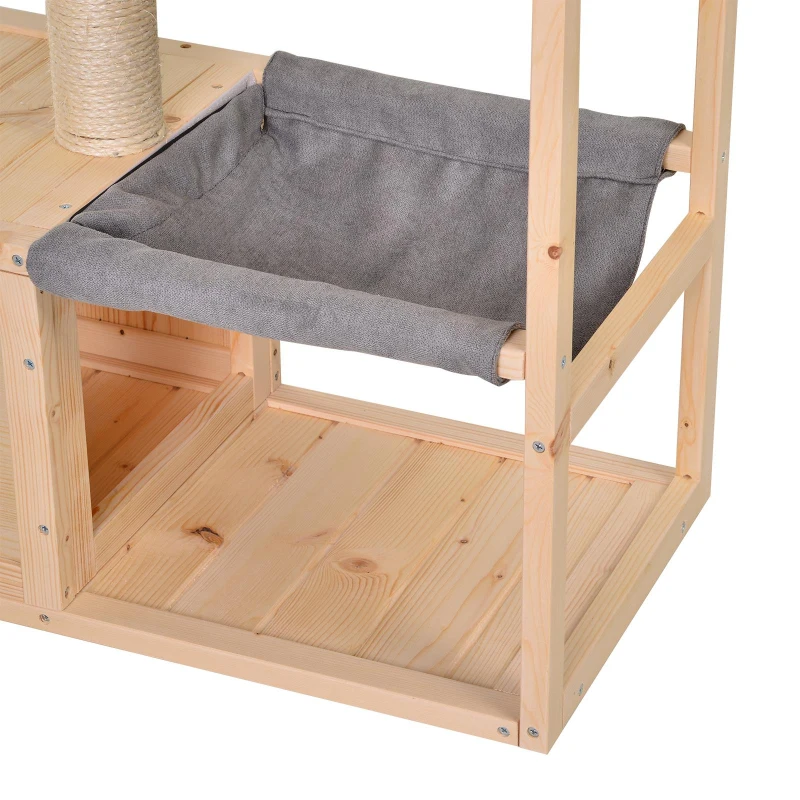 PawHut Caverna para Gatos, Cama para Gatos com Rede, Poste de Sisal, Plataforma Casa para Gatos em Madeira Arranhador para Gatos para Interior 70 x 35 x 60 cm Natural