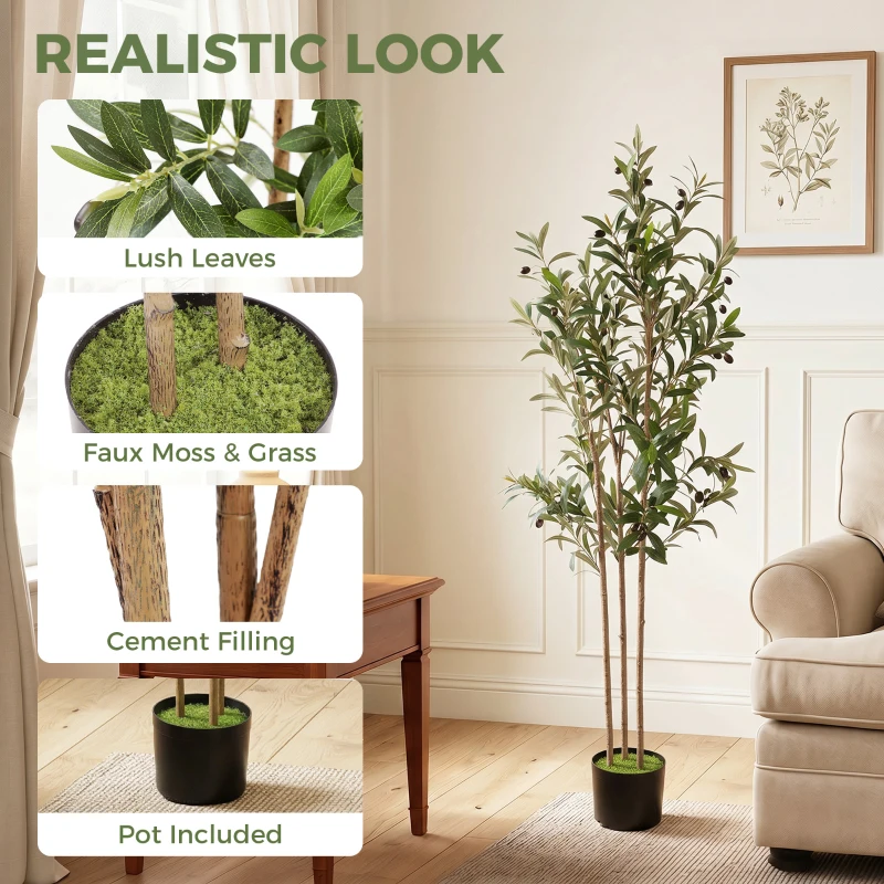 HOMCOM Decorative Artificial Plant, 148 cm Silk Olive Tree with 553 Leaves in Cement Pot, Fake Plant