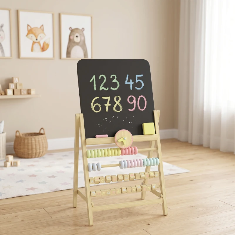 AIYAPLAY Tableau effaçable en bois sur chevalet pour enfants, horloge, abaque, effaceur, 2+ ans, Bois naturel
