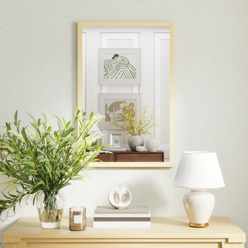 HOMCOM Miroir mural rectangulaire 60 x 40 cm, cadre en bois naturel, idéal pour la salle de bain, salon ou chambre
