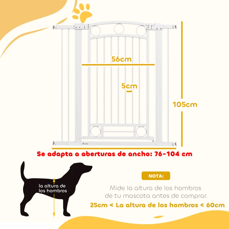 PawHut Puerta para Perros con Ancho Ajustable 76-104 cm Barrera de Seguridad para Perros con 2 Extensiones Blanco