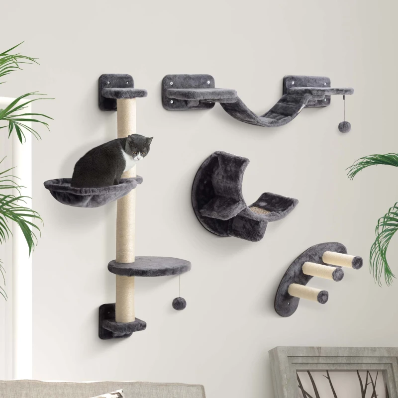 PawHut Parede de Escalada para Gatos 4 peças - Conjunto de Escalada com Rede, Ponte para Gato até 5 kg, Cinza Escuro