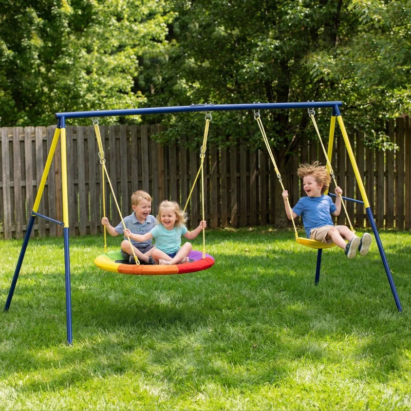 AIYAPLAY Set Altalena a Nido e Altalena da Giardino Regolabili per Bambini, in Metallo, 265x160x178 cm, Multicolore