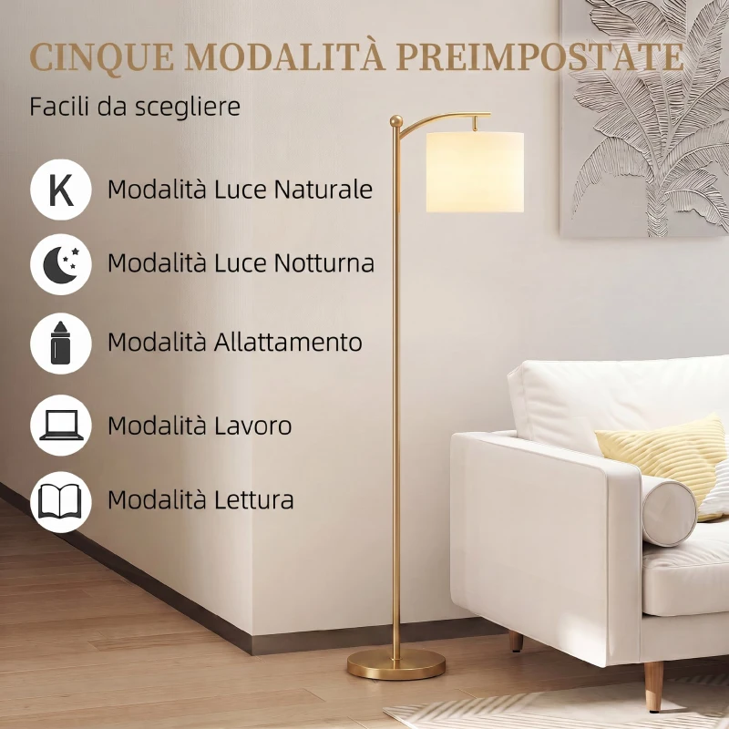 HOMCOM Lampada da Terra a LED con Telecomando, Luce Regolabile su 11 Colori di Temperatura e 11 Luminosità, Oro