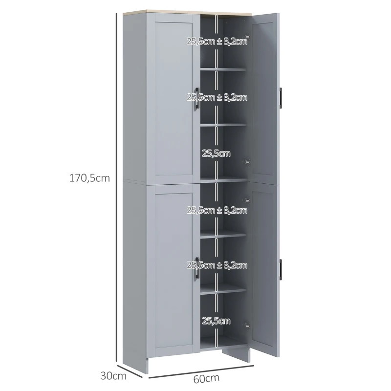 HOMCOM Küchenschrank 170 cm hoch hoher Buffet-Schrank mit 4 Türen und verstellbaren Regalen, modernes Design, grau