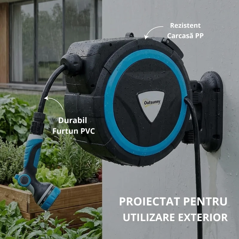 Outsunny Derulator Furtun Udare Montat pe Perete 14+1,5 m cu Blocare și Adaptoare, Rotativ 180°, 12 Moduri, 49x15x37cm, Albastru
