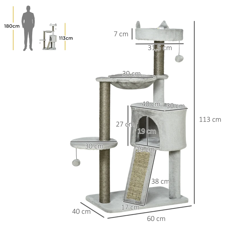 PawHut Arranhador incl. Toca para gatos, Cama para gatos, Rede para gatos e Brinquedos 60 cm x 40 cm x 113 cm, Cinza claro