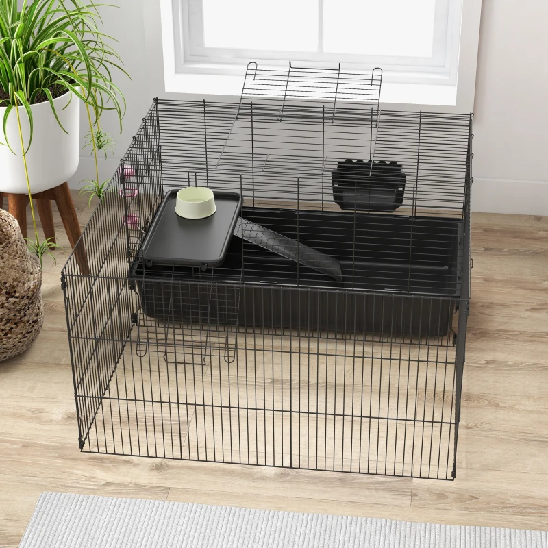 PawHut Gaiola para pequenos animais com cercadinho removível, parque com estábulo, incl. acessórios, preto