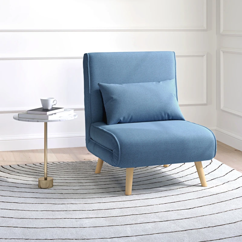 HOMCOM 3-in-1 klappbarer Schlafsessel 1-Sitzer, 5-Positionen Rückenlehne, Stoffbezug mit Kissen, blau