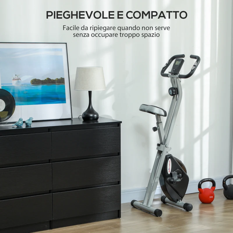SPORTNOW Klappbarer Magnet-Heimtrainer mit 8 Stufen, LCD-Display, Rollen und verstellbarem Sattel, Grau und Schwarz