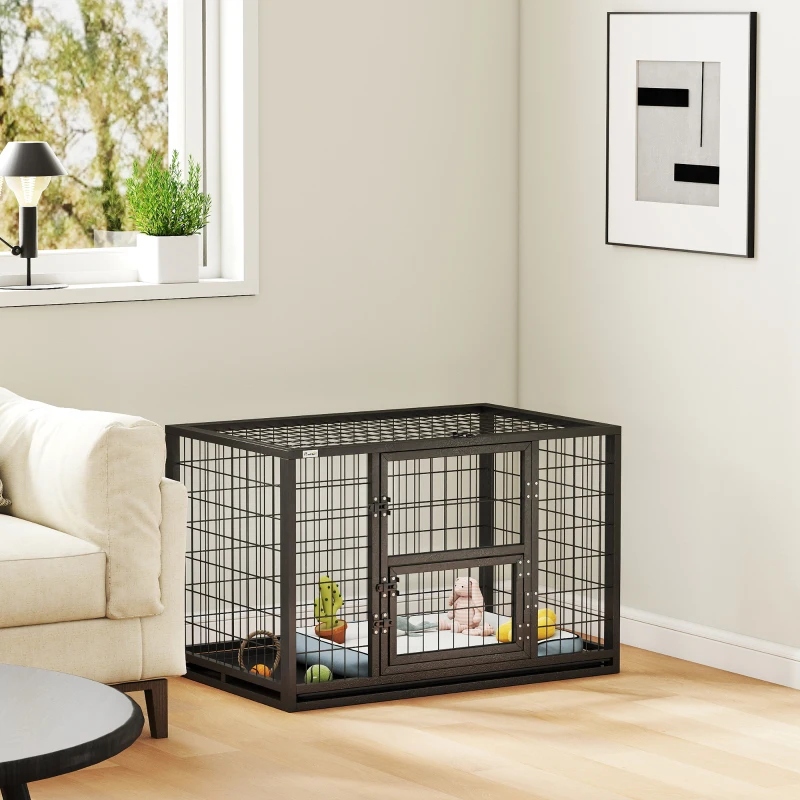 PawHut Cage pour Chien Robuste Niche Chien Intérieur Toit Ouvrant et Porte de Nourrissage Acier 94 x 60 x 64 cm Noir