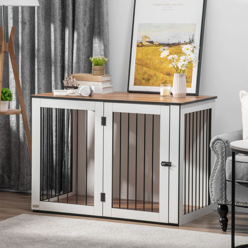 PawHut Caixa para cães, caixa para animais de estimação para cães grandes, abrigo para cães, interior, 106 x 60 x 76 cm, Carvalho+Branco