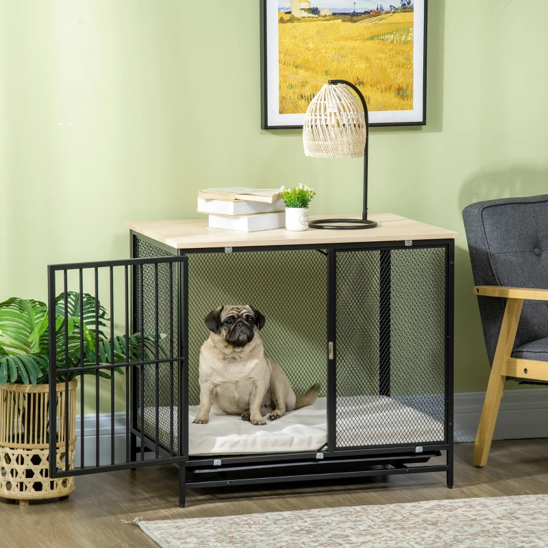 PawHut Gaiola para cães, Caixa para cães, almofada resistente à água, bandeja de fundo removível, com trava, Preto, 80 x 55 x 71 cm