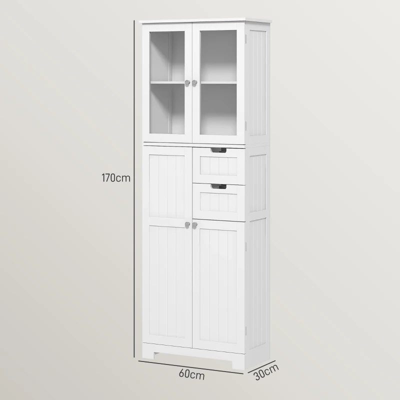 HOMCOM Hoher Aufbewahrungsschrank, Schrank mit Glastüren und verstellbaren Regalen für Bad, Küche, Wohnzimmer, Weiß