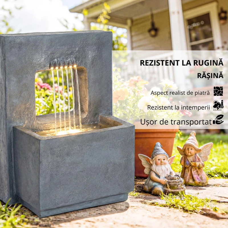 Outsunny Fântână arteziană în 2 trepte, fântână de grădină cu iluminare LED, ghiveci pentru plante, pompă, aspect piatră, reglabil 45 x 31,5 x 58,5 cm