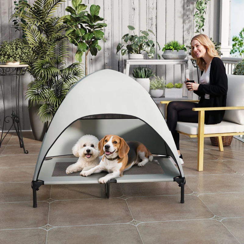 PawHut Cama para Cães ao Ar Livre com Teto, Cama Elevada para Cães Grandes, 106 x 76 x 99 cm, Cinza claro