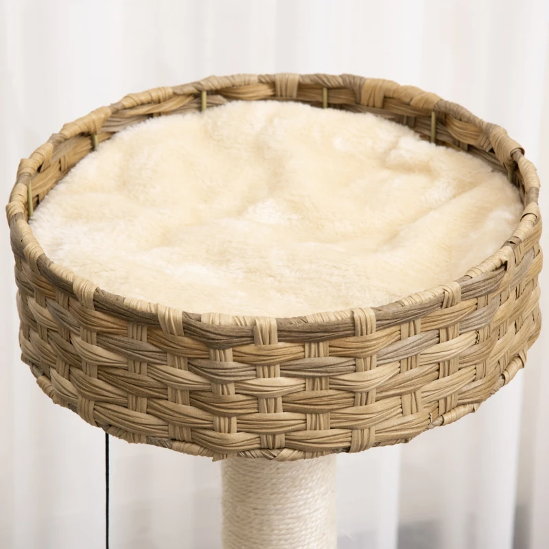 PawHut Arranhador 95 cm Torre para Gatos com Toca, Bola de Brinquedo, Troncos de Sisal, Plataforma Grande, Arranhador Multinível, Árvore de Escalada, para Gatos até 5 kg, Natural+Bege